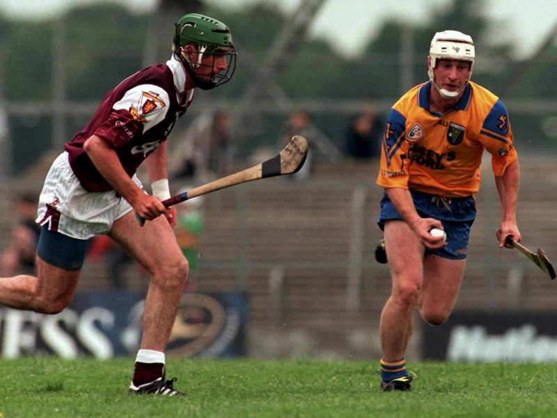 10 July 1999; Brian Mulry of Roscommon in action against Fergus Flynn of Galway during the Guinness Connacht Senior Hurling Championship Final match between Galway and Roscommon at Dr. Hyde Park in Roscommon. Photo by Brendan Moran/Sportsfile